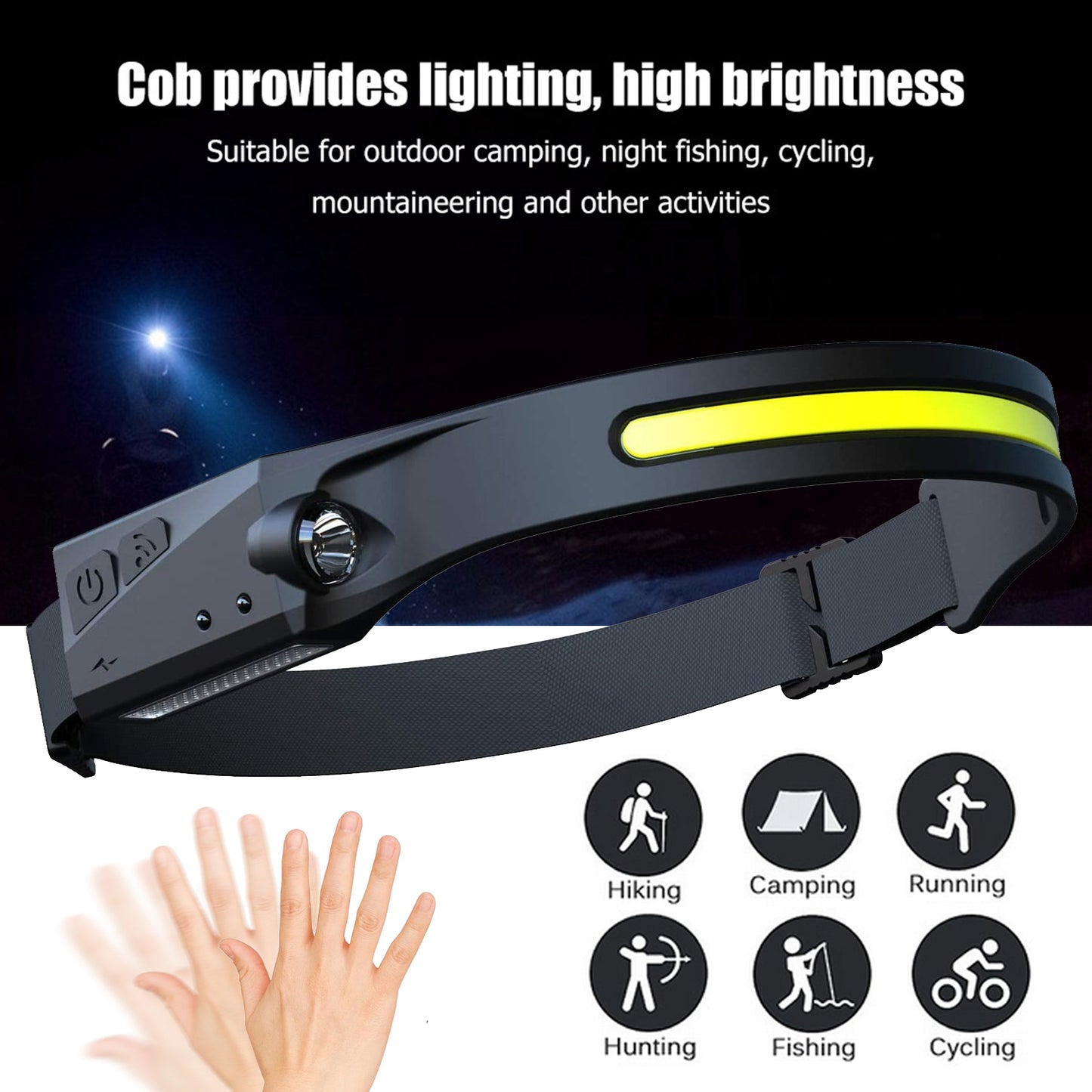 USB Rechargeable COB LED Headlamp – Wave Sensor 350lm
