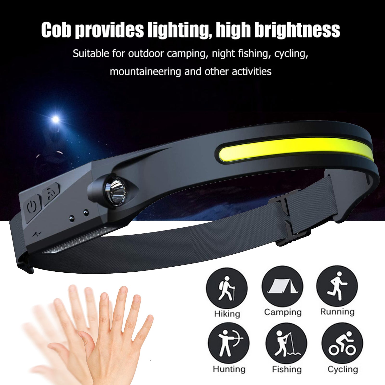 USB Rechargeable COB LED Headlamp – Wave Sensor 350lm